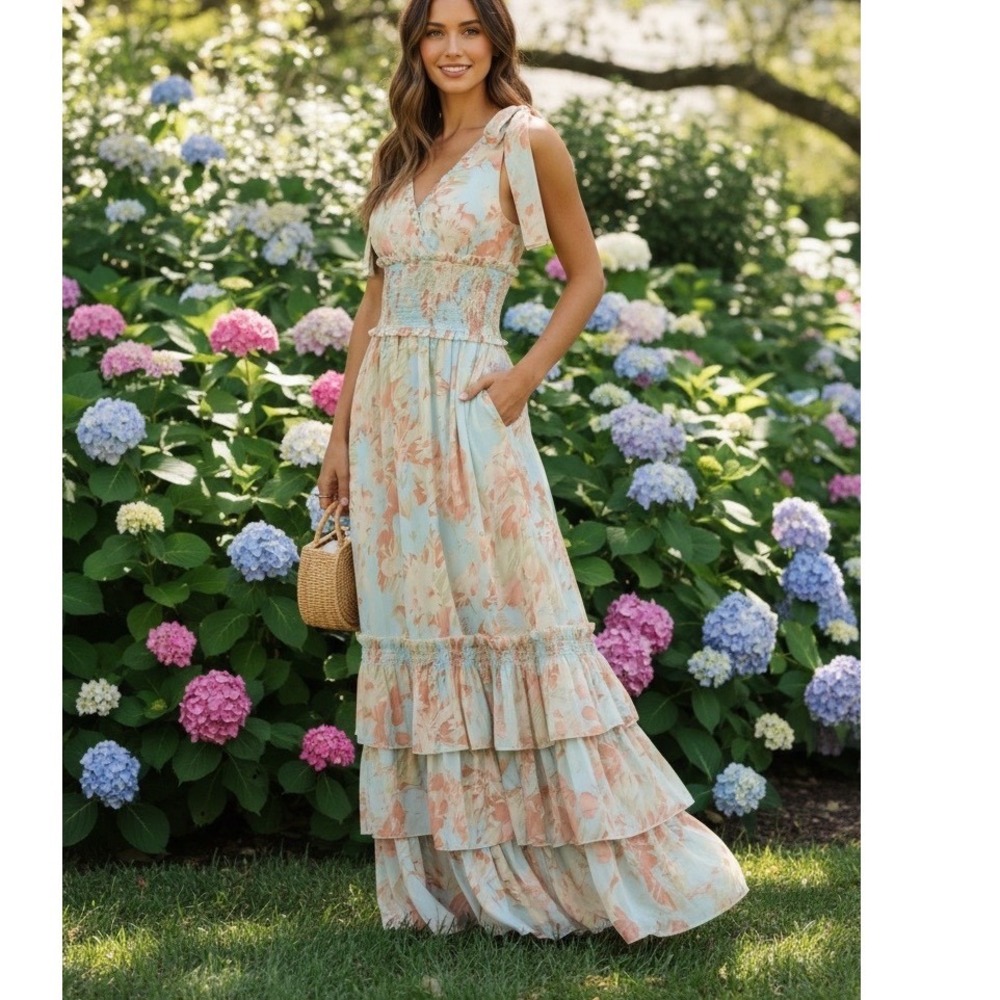 Petal and Pup Floral Smocked Maxi Dress Tie Strap Tiered Blue Peach US M